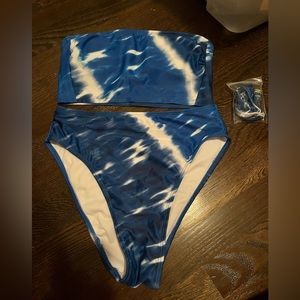 Xhilaration 2 piece blue and white swim suit